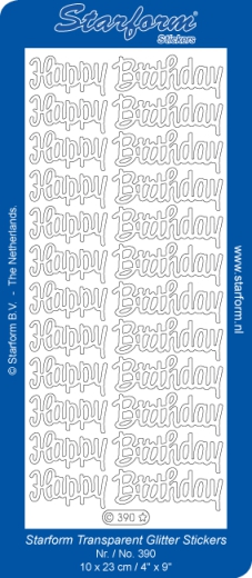 390TGs Transparente Glittersticker Happy Birthday silber