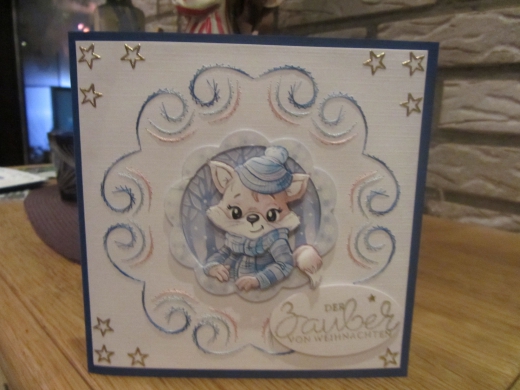 2019162 Gestickte Karte mit Fuchs  Weihnachten  15 x 15 cm