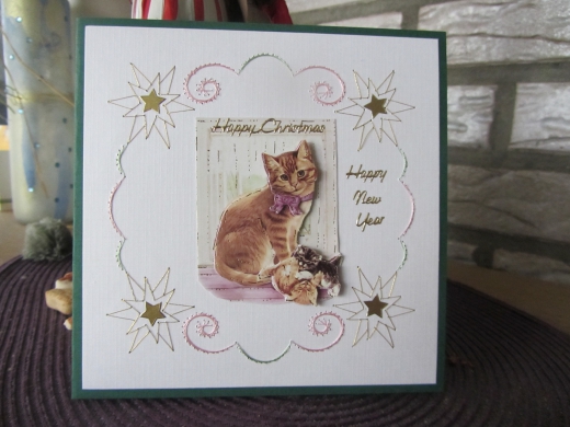 2380 Handgestickte Weihnachtskarte mit Katze