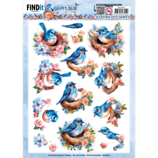 SB10902 3D Push Out Berries Beauties Happy Blue Birds Birds im Nest