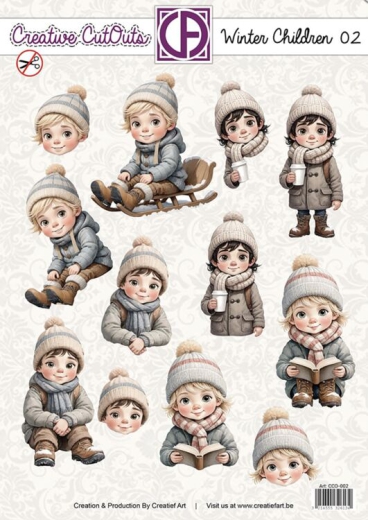 CCO-002 Winter Kinder 02 Stanzbogen Mdchen mit Mutze  und Schlitten 4 verschiende Motive