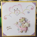 202047 Karte zur Geburt, handgemacht mit gesticktem B�renkopf  (Unikat)