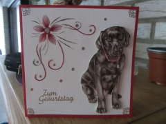 Karte mit handgestickter Blume, Hundemotiv und Aufschrift Zum Geburtstag