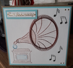 201837 Handgestickte Geburtstagskarte Grammophon ((Unikat)